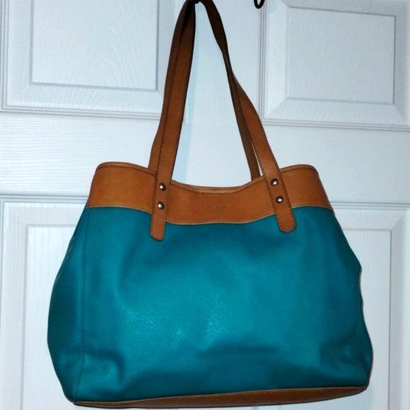 Fossil Handbags - Vintage Fossil Turquoise Totale Bag Leather And Canvas